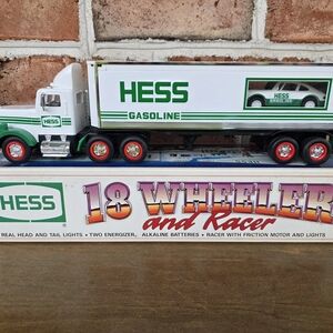 Hess 18 Wheeler and Racer Toy Truck - Green and White